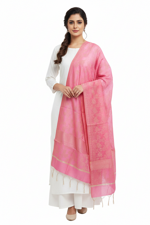 The Women's Art Silk Woven Banarasi Jacquard Dupatta(Pink)