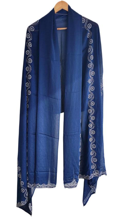 INDISA SCARVE'S FENDI Cut Beads Dupatta, Navy Blue, Embroidered Border, Lightweight Sheer Fabric, Traditional Indian Scarf