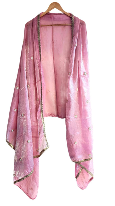 Fendi Fabric Dupatta with Bead Floral Work, Gota Lace Border