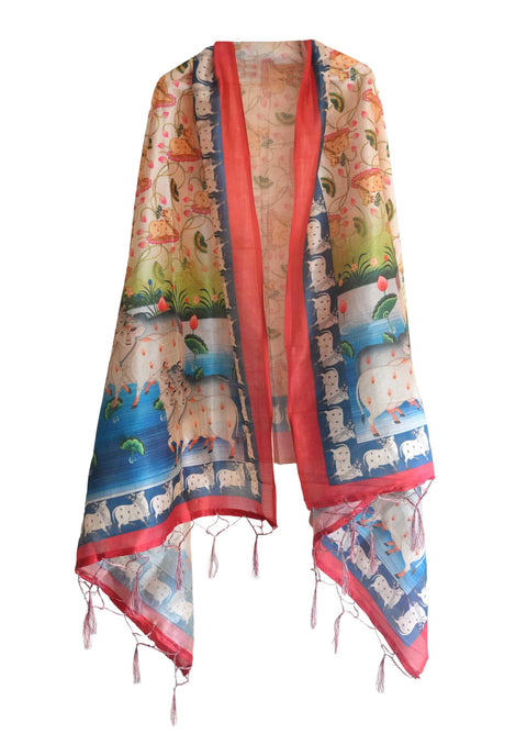 Assam Silk Traditional Dupatta with Multicolor Multi moti Motif | Ethnic Printed Cotton Dupatta with Tassels