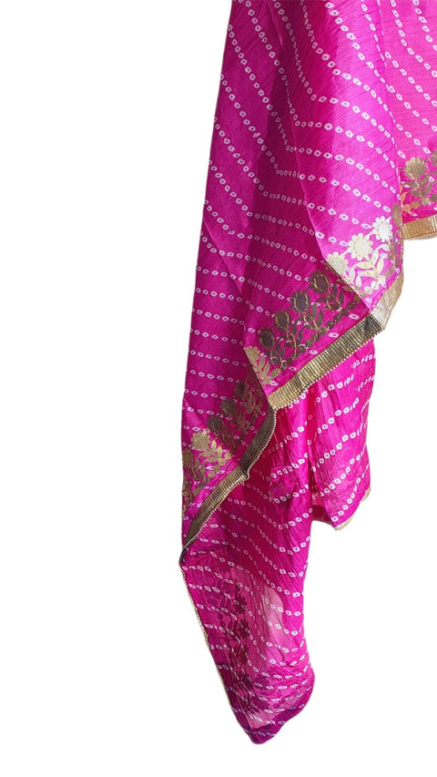 Bandhani Print Dupatta with Golden Floral Lace Border, Lightweight Ethnic Silk for Women
