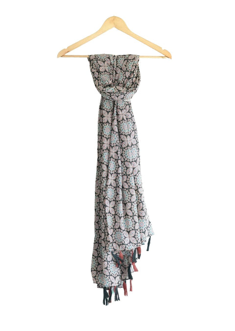Traditional Ajrakh Print Cotton Stole, Black, Mandala Pattern with Tassels