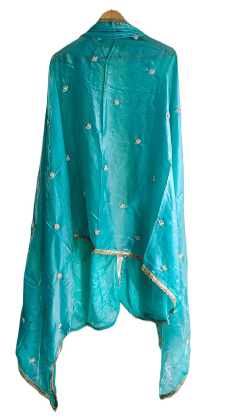 Fendi Fabric Dupatta with Bead Floral Work, Gota Lace Border