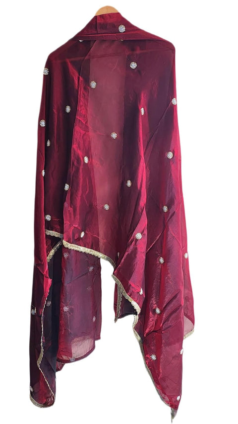 Fendi Fabric Dupatta with Bead Floral Work, Gota Lace Border
