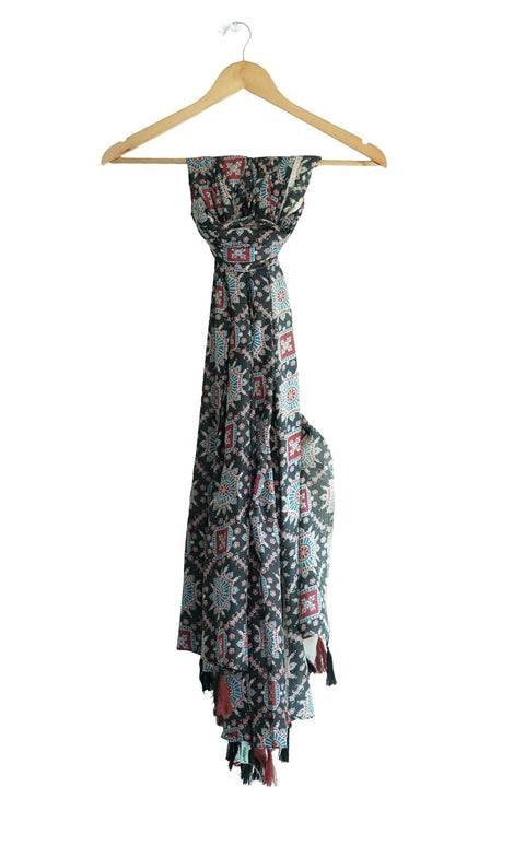 Traditional Ajrakh Print Cotton Stole, Black, Mandala Pattern with Tassels