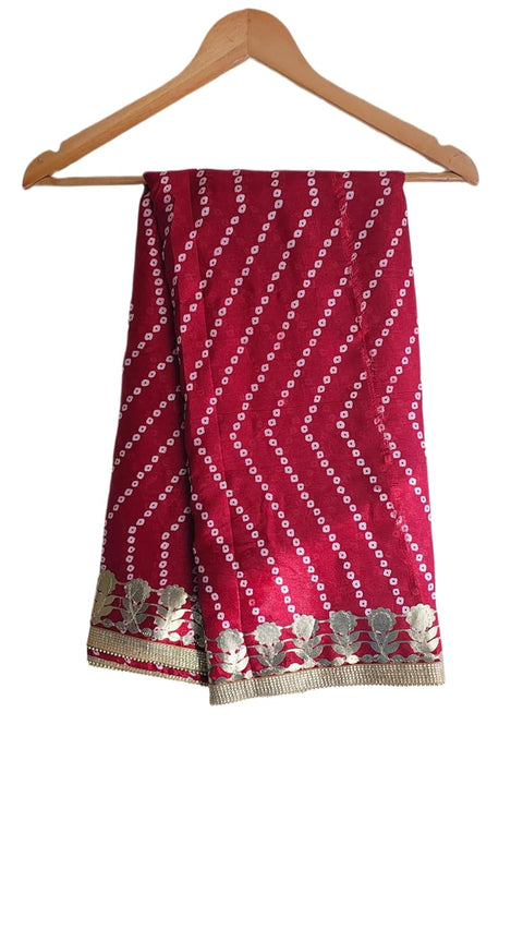 Bandhani Print Dupatta with Golden Floral Lace Border, Lightweight Ethnic Silk for Women