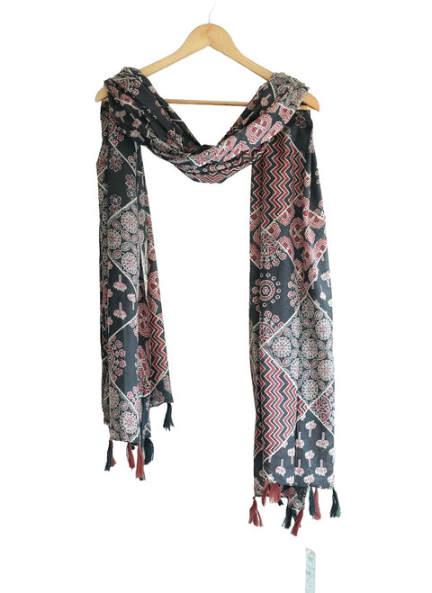 Traditional Ajrakh Print Cotton Stole, Black, Mandala Pattern with Tassels