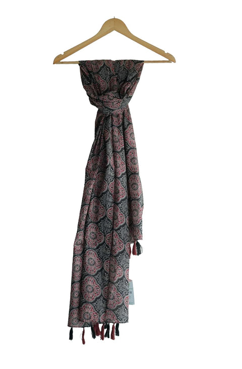 Traditional Ajrakh Print Cotton Stole, Black, Mandala Pattern with Tassels