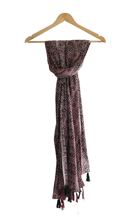 Traditional Ajrakh Print Cotton Stole, Black, Mandala Pattern with Tassels