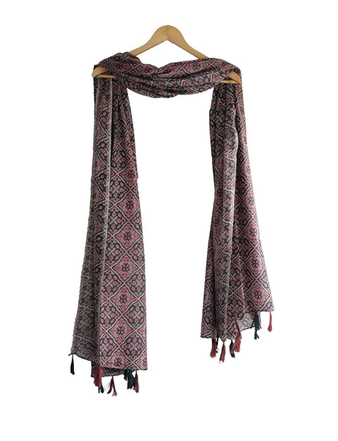 Traditional Ajrakh Print Cotton Stole, Black, Mandala Pattern with Tassels