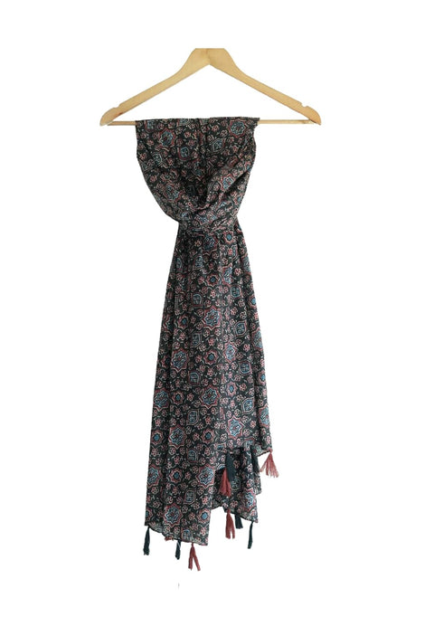 Traditional Ajrakh Print Cotton Stole, Black, Mandala Pattern with Tassels