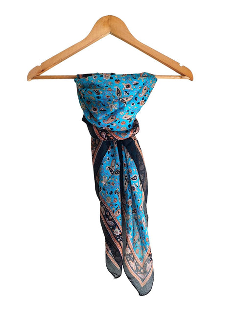Floral Paisley Print Silk Scarf, Light Weight Square Neck Wrap, Blue and Orange Border Pattern, 100x100 cm
