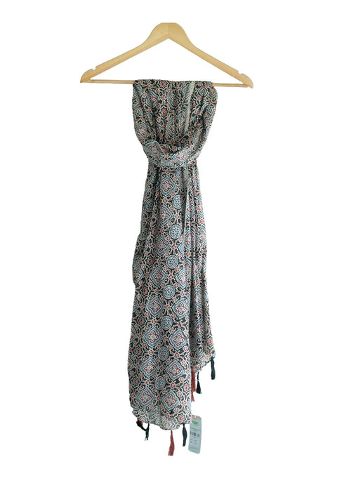 Traditional Ajrakh Print Cotton Stole, Black, Mandala Pattern with Tassels