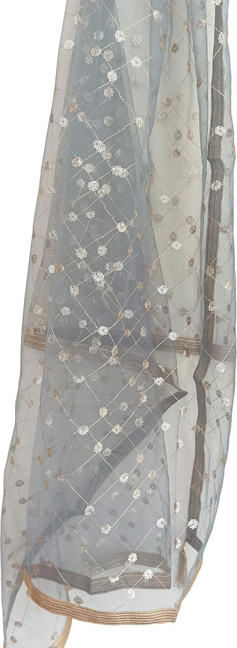Traditional Embroidered Net Dupatta with Golden Border, Red Sequined Scarf, Diamond Pattern Dupatta, Chunni