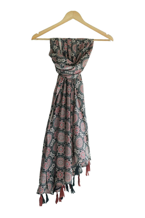 Traditional Ajrakh Print Cotton Stole, Black, Mandala Pattern with Tassels