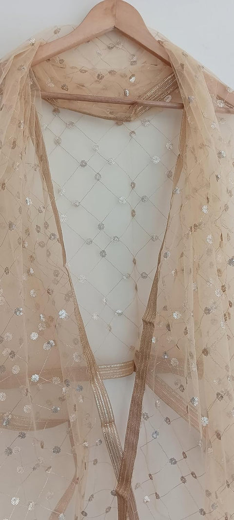 Traditional Embroidered Net Dupatta with Golden Border, Red Sequined Scarf, Diamond Pattern Dupatta, Chunni