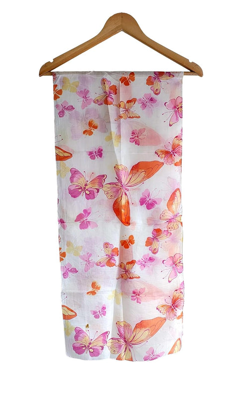 Silk Stole, Prints Multi Color, 51 cm Width x 65 cm Length, Lightweight(White And Pink)
