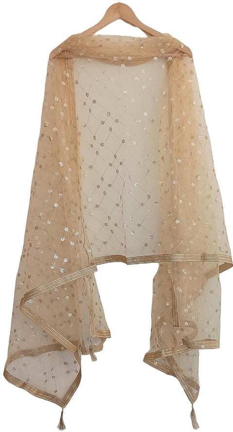Traditional Embroidered Net Dupatta with Golden Border, Red Sequined Scarf, Diamond Pattern Dupatta, Chunni