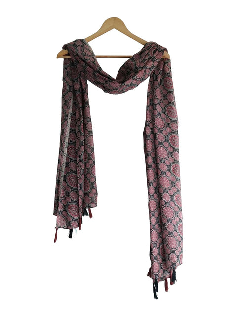 Traditional Ajrakh Print Cotton Stole, Black, Mandala Pattern with Tassels