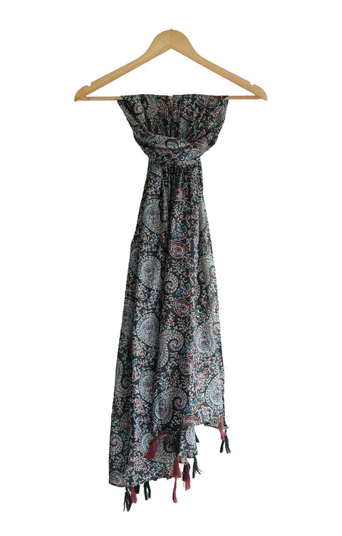 Traditional Ajrakh Print Cotton Stole, Black, Mandala Pattern with Tassels