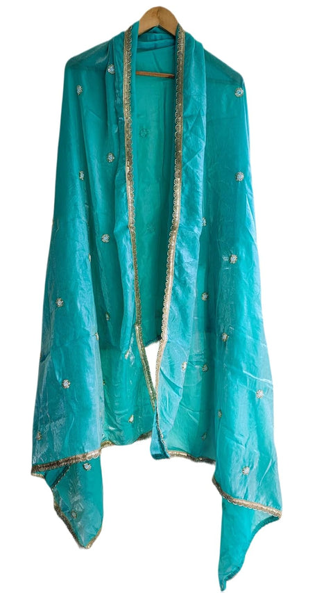 Fendi Fabric Dupatta with Bead Floral Work, Gota Lace Border