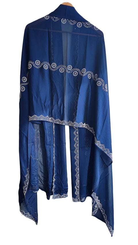 INDISA SCARVE'S FENDI Cut Beads Dupatta, Navy Blue, Embroidered Border, Lightweight Sheer Fabric, Traditional Indian Scarf