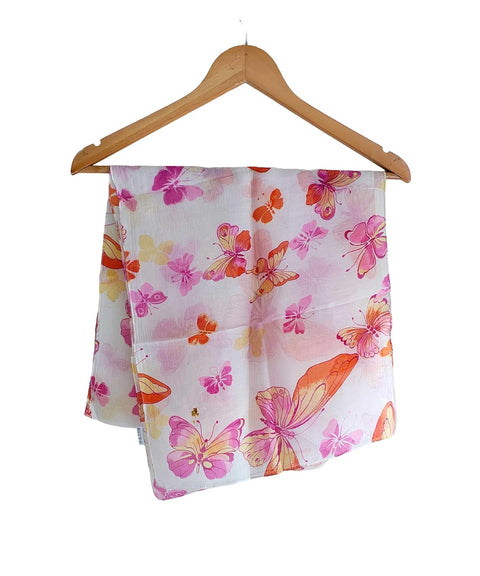Silk Stole, Prints Multi Color, 51 cm Width x 65 cm Length, Lightweight(White And Pink)