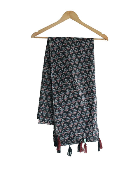 Traditional Ajrakh Print Cotton Stole, Black, Mandala Pattern with Tassels