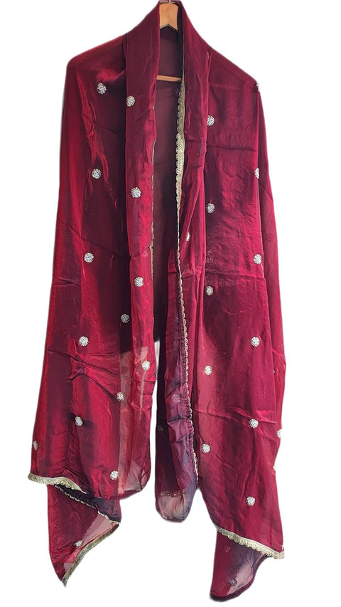 Fendi Fabric Dupatta with Bead Floral Work, Gota Lace Border