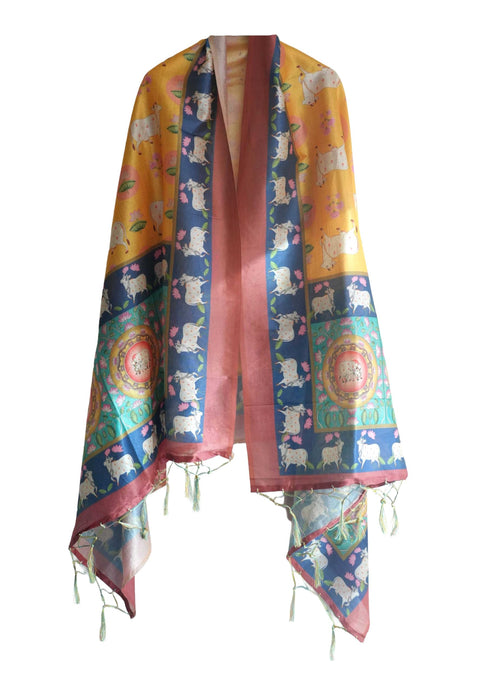 Assam Silk Traditional Dupatta with Multicolor Multi moti Motif | Ethnic Printed Cotton Dupatta with Tassels