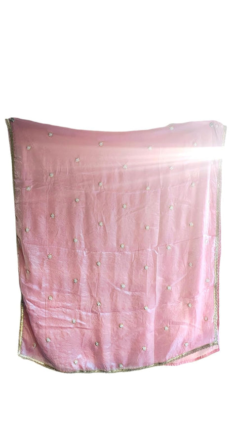 Fendi Fabric Dupatta with Bead Floral Work, Gota Lace Border