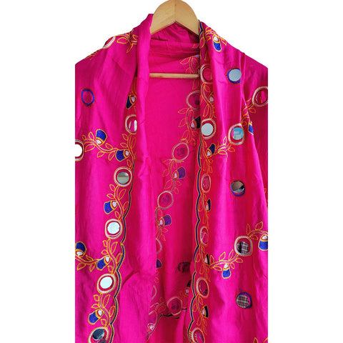 Handcrafted Purple Silk Dupatta with Gold Border, Floral Embroidered Mirror Work, Traditional Indian Scarf