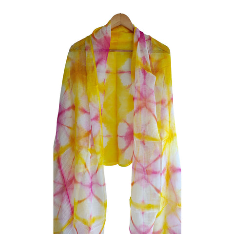India Scarves Bagru Hand Block Floral kota Doria silk cotton Dupatta (Yellow)