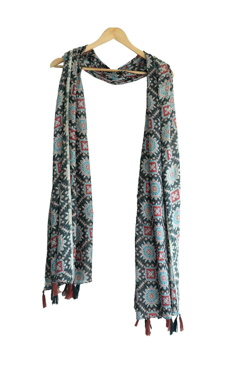 Traditional Ajrakh Print Cotton Stole, Black, Mandala Pattern with Tassels