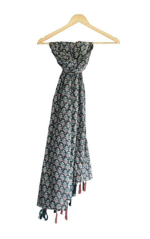 Traditional Ajrakh Print Cotton Stole, Black, Mandala Pattern with Tassels