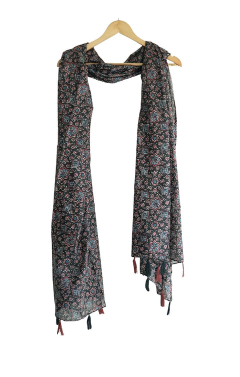 Traditional Ajrakh Print Cotton Stole, Black, Mandala Pattern with Tassels