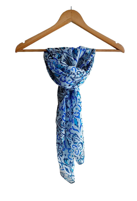 Floral Paisley Print Silk Scarf, Light Weight Square Neck Wrap, Blue and Orange Border Pattern, 100x100 cm