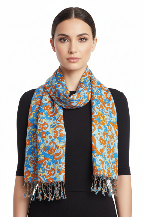 Woman wearing a colorful patterned scarf on a white background