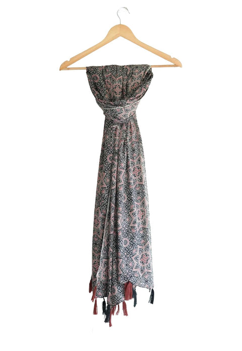 Traditional Ajrakh Print Cotton Stole, Black, Mandala Pattern with Tassels