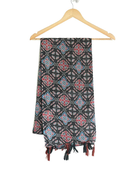 Traditional Ajrakh Print Cotton Stole, Black, Mandala Pattern with Tassels