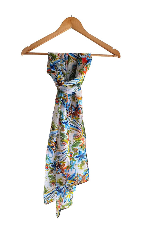 Silk Stole, Prints Multi Color, 51 cm Width x 65 cm Length, Lightweight(Blue Green And White)