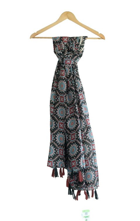 Traditional Ajrakh Print Cotton Stole, Black, Mandala Pattern with Tassels