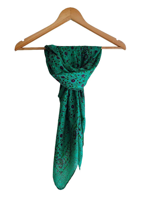 Floral Paisley Print Silk Scarf, Light Weight Square Neck Wrap, Blue and Orange Border Pattern, 100x100 cm