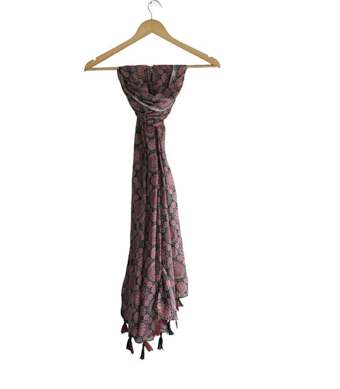 Traditional Ajrakh Print Cotton Stole, Black, Mandala Pattern with Tassels