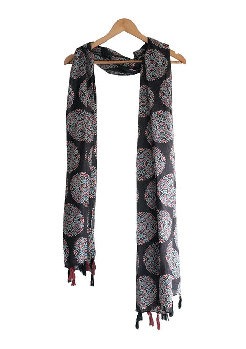 Traditional Ajrakh Print Cotton Stole, Black, Mandala Pattern with Tassels