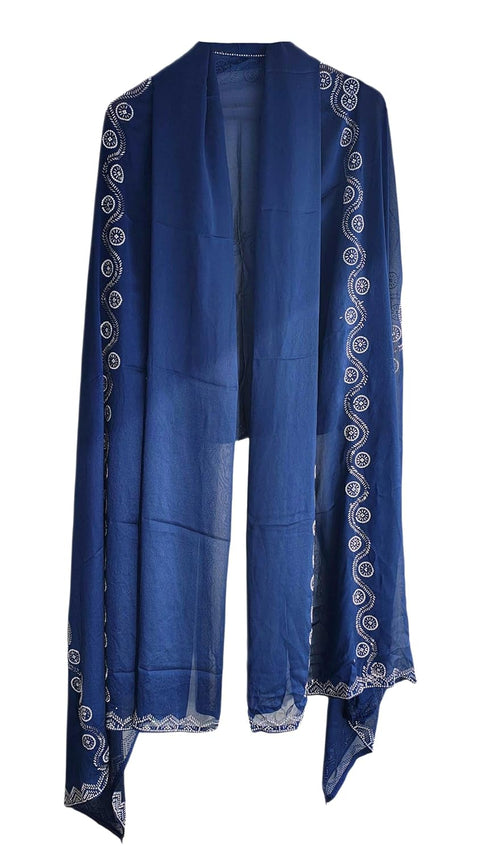 INDISA SCARVE'S FENDI Cut Beads Dupatta, Navy Blue, Embroidered Border, Lightweight Sheer Fabric, Traditional Indian Scarf