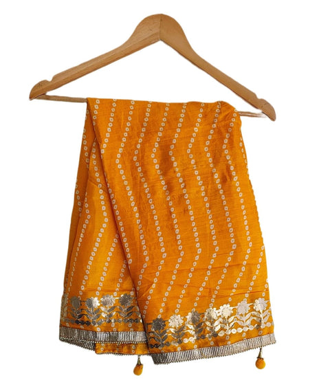 Bandhani Print Dupatta with Golden Floral Lace Border, Lightweight Ethnic Silk for Women