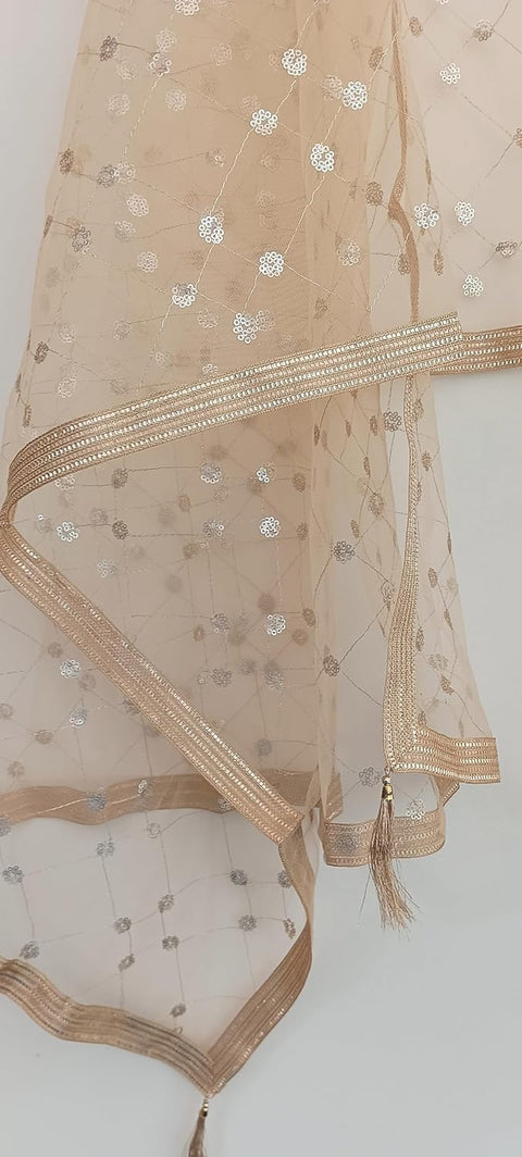 Traditional Embroidered Net Dupatta with Golden Border, Red Sequined Scarf, Diamond Pattern Dupatta, Chunni