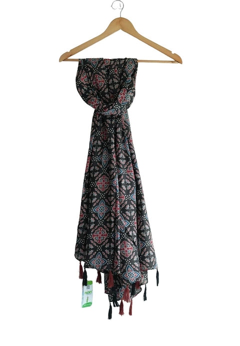 Traditional Ajrakh Print Cotton Stole, Black, Mandala Pattern with Tassels