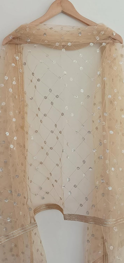 Traditional Embroidered Net Dupatta with Golden Border, Red Sequined Scarf, Diamond Pattern Dupatta, Chunni